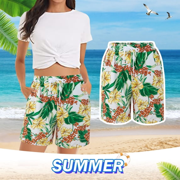 Trendfront Womens Hawaiian Shorts Drawstring Elastic Waist Floral Print Beach Vacation Pocket Casual Summer Shorts