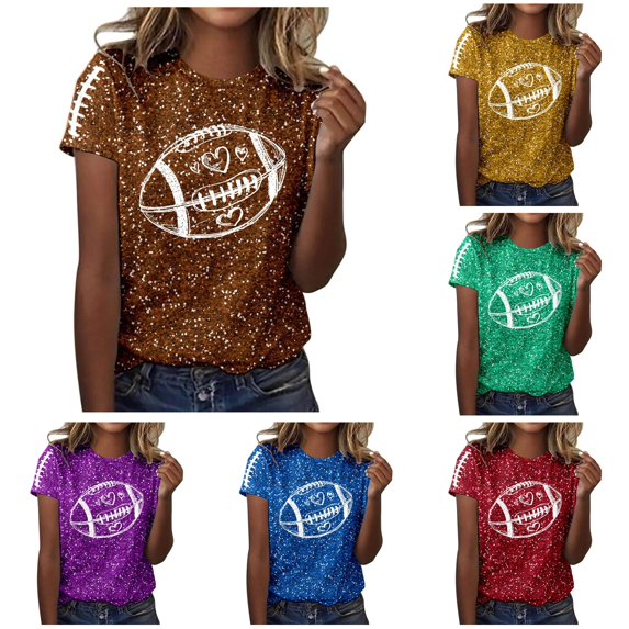 Trendfront Womens Heart Football Graphic T Shirts Crewneck Short Sleeve Sparkle Sports Casual Tee Tops Sports Fan Everyday Wear