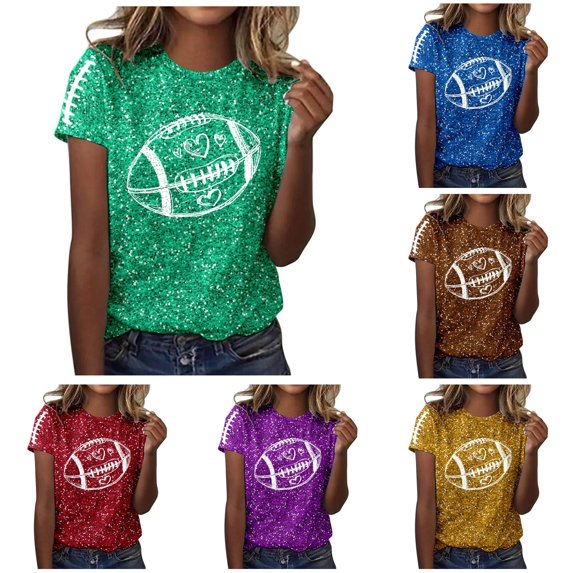 Trendfront Womens Heart Football Graphic T Shirts Crewneck Short Sleeve Sparkle Sports Casual Tee Tops Sports Fan Everyday Wear