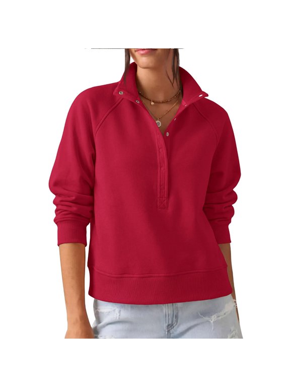 Womens Henley Sweatshirt Solid Snap Neck Stand Collar Long Raglan Sleeve Pullover Ribbed Relaxed Fit Casual Top