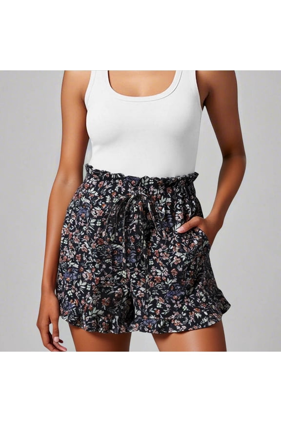 Womens High Waisted Floral Graphic Print Shorts Ruched Elastic Drawstring Waist Ruffle Hem Casual Summer Shorts