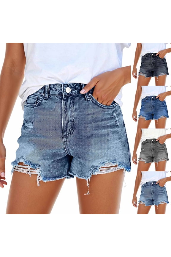 Womens High Waisted Washed Distressed Denim Style Shorts Flattering Versatile Elastic Waist Everyday Bottoms