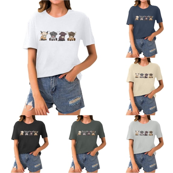 Trendfront Womens Highland Cow Graphic T Shirt Crewneck Short Sleeve Cute Farm Animal Print Casual Everyday Tee Tops