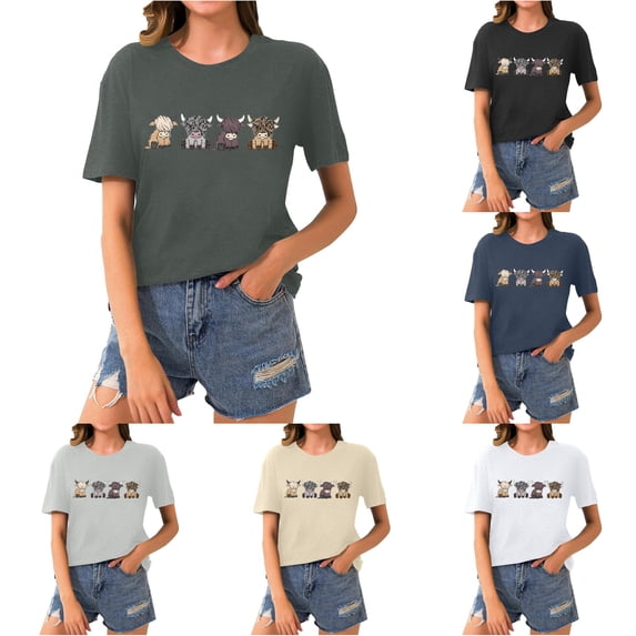 Trendfront Womens Highland Cow Graphic T Shirt Crewneck Short Sleeve Cute Farm Animal Print Casual Everyday Tee Tops