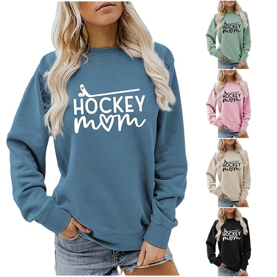 Trendfront Womens Hockey Mom Graphic Print Crewneck Sweatshirt Long Sleeve Sports Fan Game Day Apparel Pullover Sweatshirt