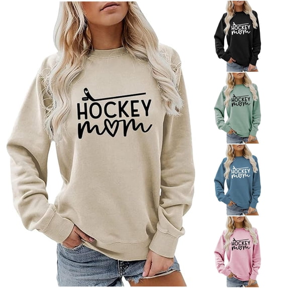 Trendfront Womens Hockey Mom Graphic Print Crewneck Sweatshirt Long Sleeve Sports Fan Game Day Apparel Pullover Sweatshirt