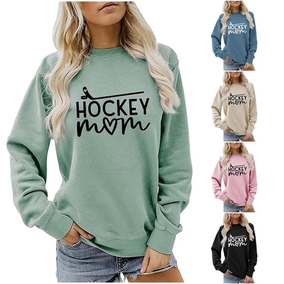 Trendfront Womens Hockey Mom Graphic Print Crewneck Sweatshirt Long Sleeve Sports Fan Game Day Apparel Pullover Sweatshirt