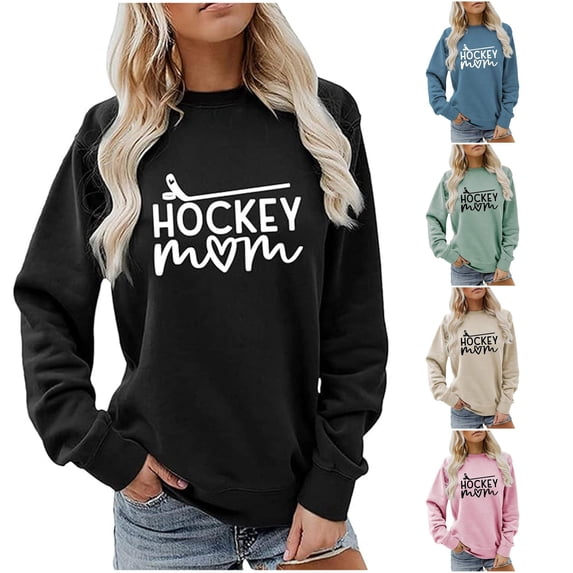 Trendfront Womens Hockey Mom Graphic Print Crewneck Sweatshirt Long Sleeve Sports Fan Game Day Apparel Pullover Sweatshirt