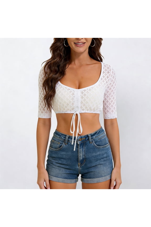 Womens Hollow Out Lace Tops Scoop Neck Short Sleeve Smocked Ruched Front Crop Tops Party Club Night Out Basic Layering Blouse Shirt