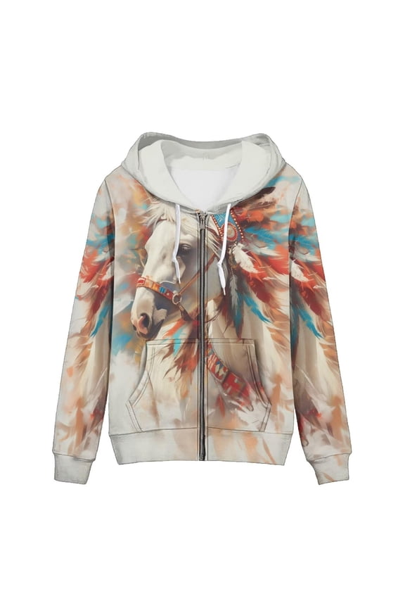 Womens Horse Graphic Zip Up Hoodie Long Sleeve Full Zip Sweatshirt Western Animal Print Hooded Jacket With Side Pockets Outdoor Wear