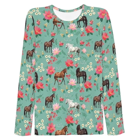Trendfront Womens Horse Print T Shirt Floral Graphic Crewneck Long Sleeves Casual Western Inspired Tee Top