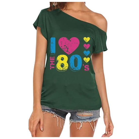 Trendfront Womens I Love The 80s Graphic T Shirts Off Shoulder Short Sleeve Retro Slogan Casual Tee Tops Spring Summer Outfit
