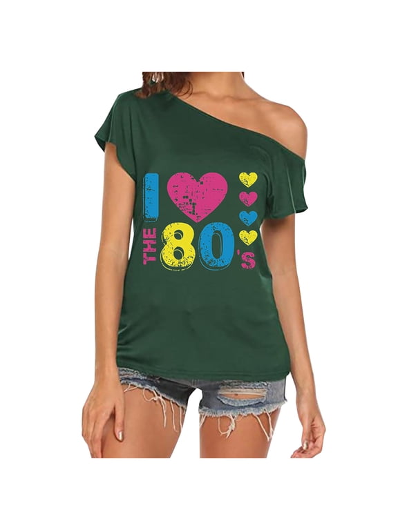 Womens I Love The 80s Graphic T Shirts Off Shoulder Short Sleeve Retro Slogan Casual Tee Tops Spring Summer Outfit
