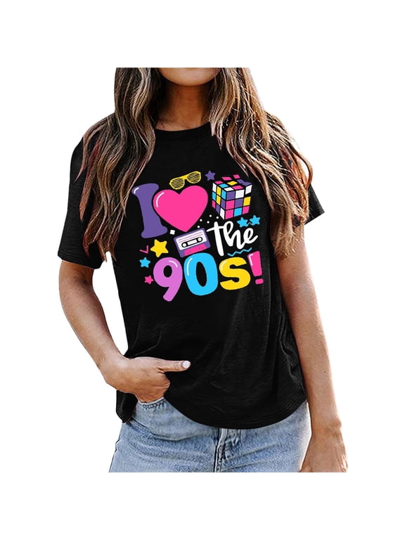 Womens I Love The 90s Graphic T Shirts Crewneck Short Sleeve Retro Slogan Casual Everyday Tee Tops