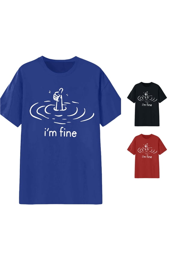 Womens Im Fine Graphic T Shirt Funny Saying Hand Thumbs Up Water Ripple Line Print Novelty Humor Crewneck Regular Fit Short Sleeve Tee Summer Tops