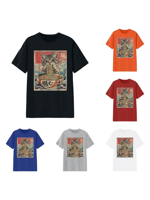 Womens Japanese Cat Ramen T Shirts Retro Ukiyo e Style Graphic Tee Short Sleeve Crewneck Kawaii Anime Lovers Casual Tops