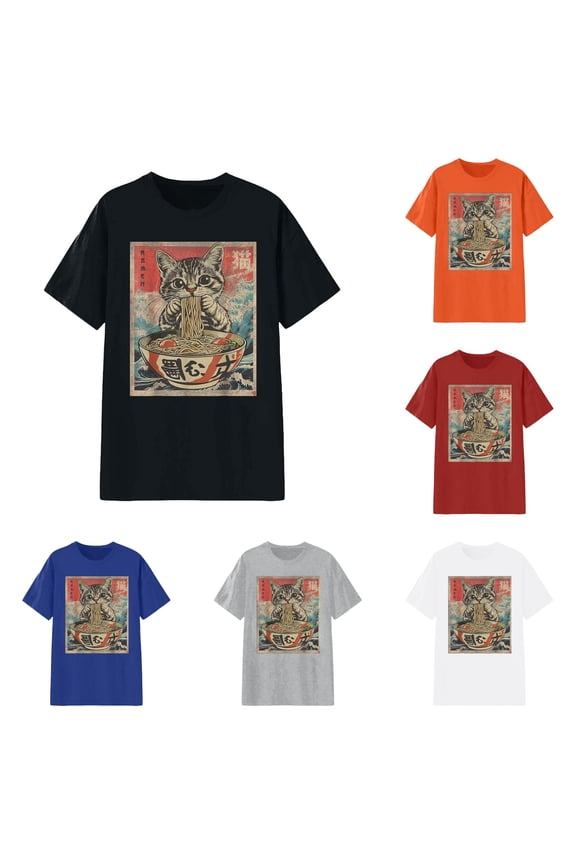 Womens Japanese Cat Ramen T Shirts Retro Ukiyo e Style Graphic Tee Short Sleeve Crewneck Kawaii Anime Lovers Casual Tops