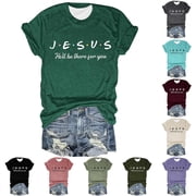 Trendfront Womens Jesus Letter Print Tee Slogan Stylish Graphic T Shirts Casual Crewneck Short Sleeve Tops Summer Fashion Daily Clothing