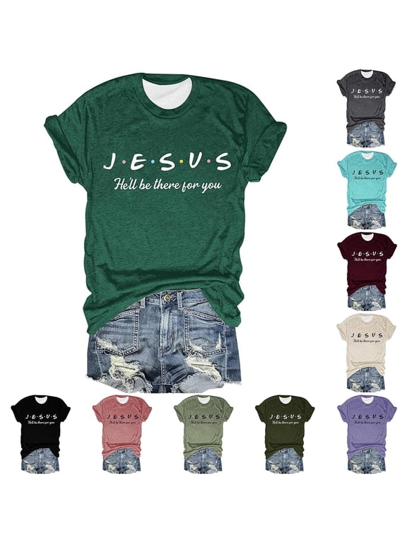 Womens Jesus Letter Print Tee Slogan Stylish Graphic T Shirts Casual Crewneck Short Sleeve Tops Summer Fashion Daily Clothing