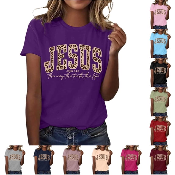 Trendfront Womens Jesus T Shirt Leopard Print Cheetah Print Lettering Faith Quote Short Sleeve Christian Graphic Tees