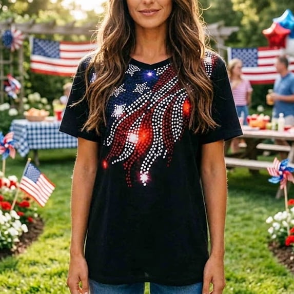 Trendfront Womens July 4th V Neck Short Sleeve Tops Sparkle Glittery Printed Tees 250th Anniversary Independence Day T-Shirts
