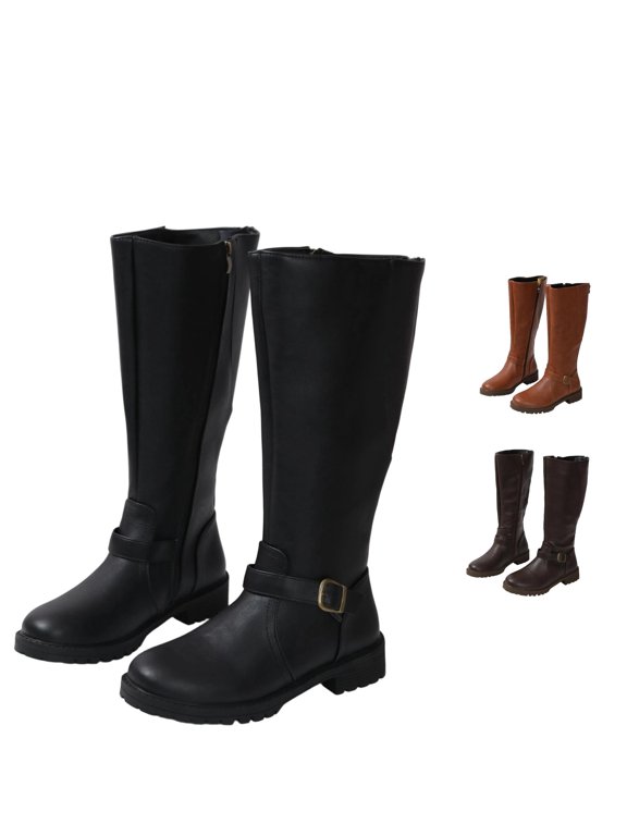 Womens Knee High Boots Side Zip Buckle Strap Low Heel Casual Riding Style Shoes for Relaxed Daily Wear