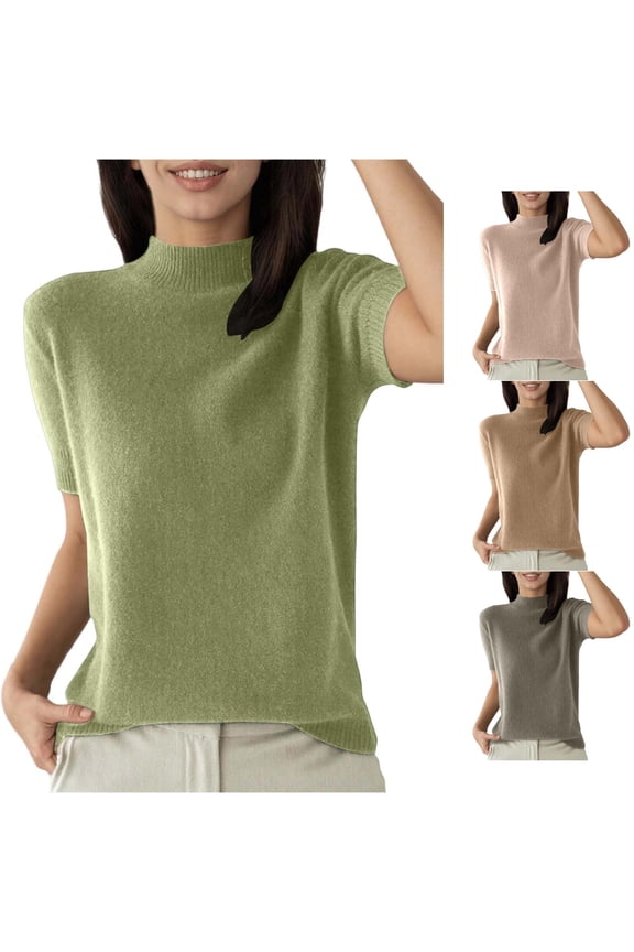 Womens Knit Sweater Mock Neck Short Sleeve Soft Stretch Pullover Business Casual Basic Elegant Everyday Tops