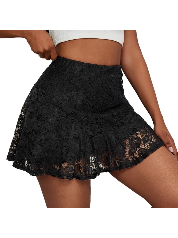 Womens Lace A Line Mini Skirt Elastic High Waist Flared Hem Sheer Overlay Romantic Casual Summer Party Mini Skirt