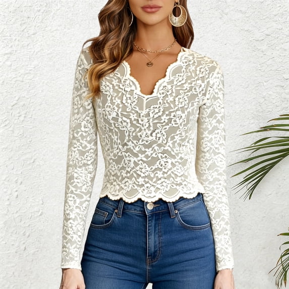 Trendfront Womens Lace Blouses V Neck Long Sleeve Floral Lace Scalloped Trim Stretch Fitted Elegant Dressy Tops