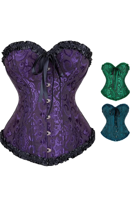 Womens Lace Corset Top Floral Pattern Front Hook Closure Bow Detail Ruffle Trim Waist Cincher Bustier Shaping Lingerie
