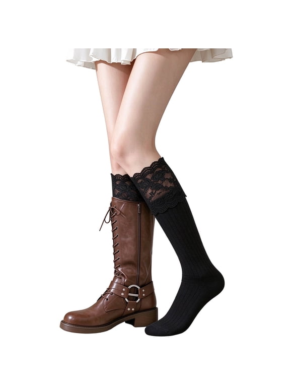 Womens Lace Cuff Socks Ribbed Knee High Stockings Scalloped Floral Trim Closed Toe Pull On Long Legwear Boot Accessories