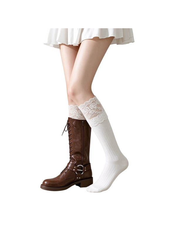 Womens Lace Cuff Socks Ribbed Knee High Stockings Scalloped Floral Trim Closed Toe Pull On Long Legwear Boot Accessories