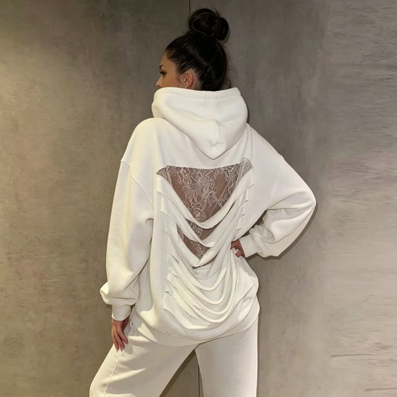 Trendfront Womens Lace Panel Cutout Hoodie Long Sleeve Pullover Sweatshirt Sheer Detail Hooded Top With Kangaroo Pocket Casual Streetwear Style