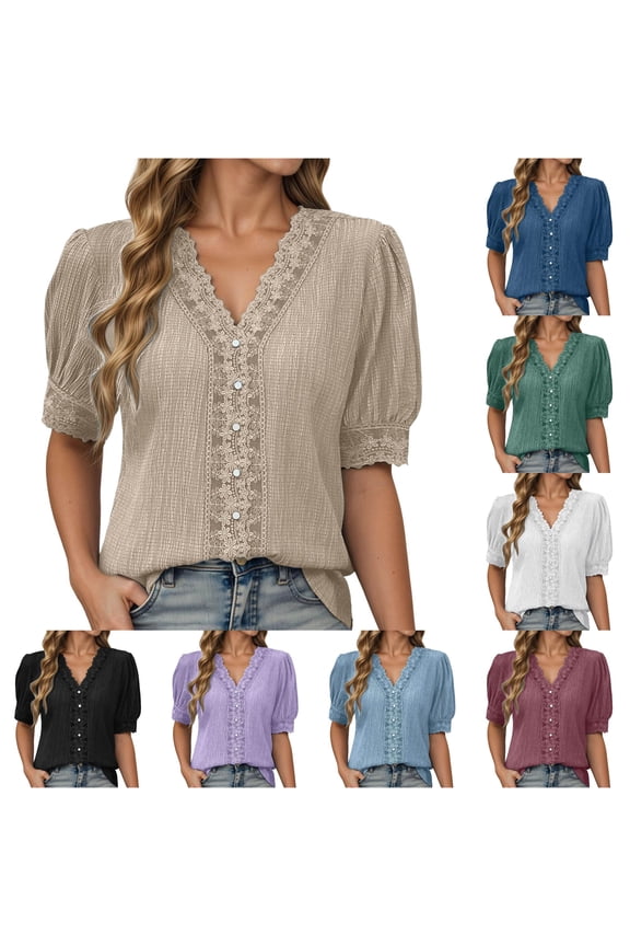 Womens Lace Trim Blouse V Neck Button Down Shirts Crochet Floral Lace Patchwork 3/4 Sleeve Puff Sleeve Scallop Edge Elegant Vintage Tops