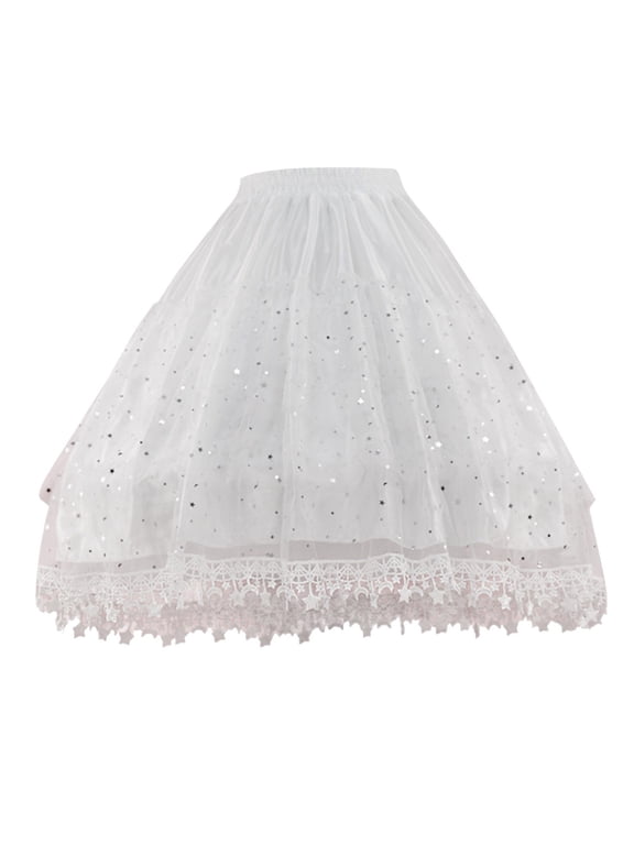Womens Lace Petticoat Elastic Waist Layered Tulle Knee Length Dress Underskirt Layering Accessory Petticoat