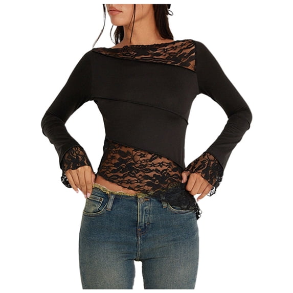 Trendfront Womens Lace Top Boat Neck Long Sleeves Sheer Lace Yoke Flared Asymmetrical Lace Hem Fitted Crop Blouse