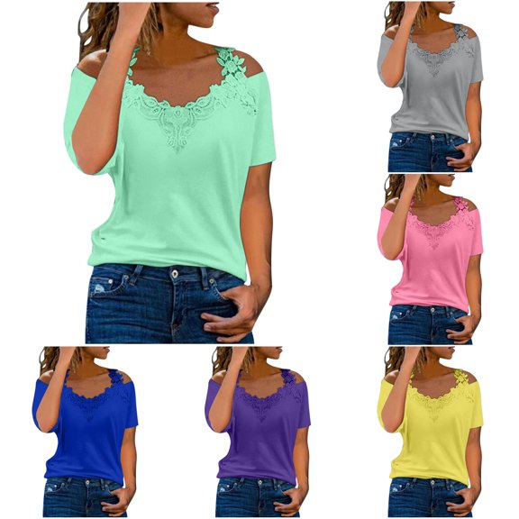 Trendfront Womens Lace V Neck Tops Fashion Summer Short Sleeve T Shirts Cold Shoulder Tee Casual Stylish Crochet Floral Elegant Pullover Outfits