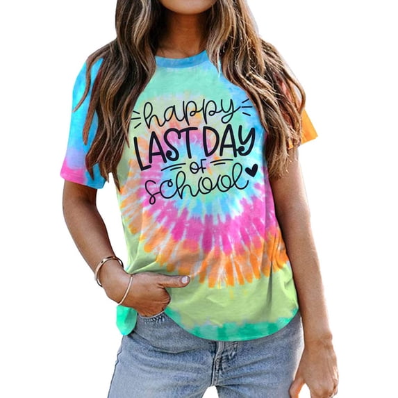 Trendfront Womens Last Day Of School Graphic T Shirts Crewneck Short Sleeve Happy Last Day Of School Tie Dye Teacher Student Tee Tops