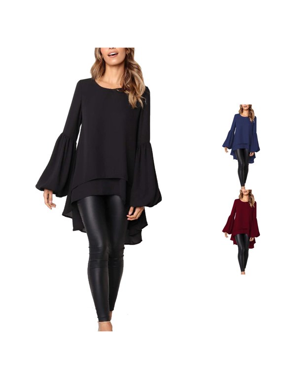 Womens Layered Hem Tunic Tops Crewneck Long Bell Sleeve High Low Loose Fit Blouses