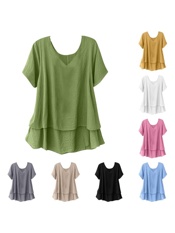 Womens Layered Tunic Tops V Neck Short Sleeve Solid Color Casual Loose Fit Blouses Flowy Hem Everyday Pullover Shirts Summer Tops