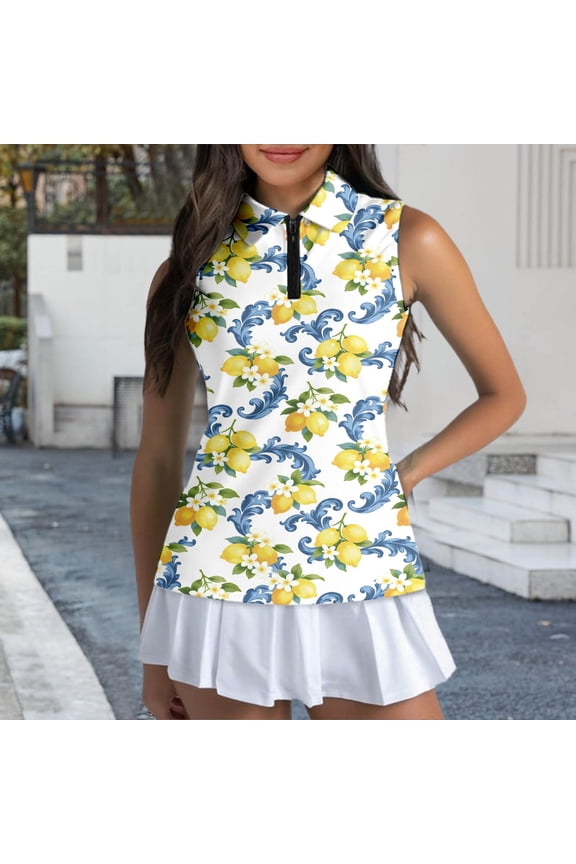 Womens Lemon Floral Polo Shirt Sleeveless Collared Zip Neck Tropical Fruit Print Casual Summer Golf Top