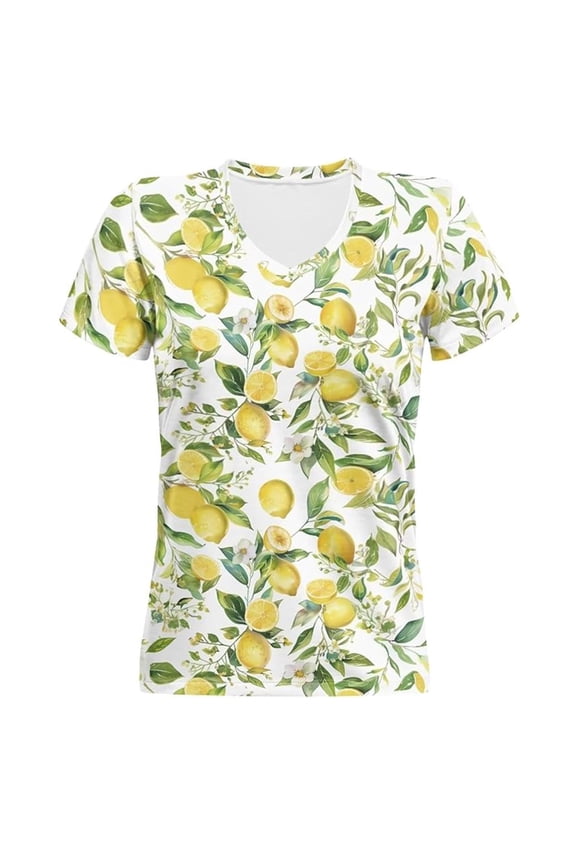 Womens Lemon Fruit Graphic T Shirt All Over Summer Leaves Print V Neck Short Sleeve Tee Tropical Botanical Vacation Tops