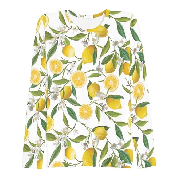 Trendfront Womens Lemon Print T Shirts Crewneck Long Sleeve Fruit Floral Graphic Casual Spring Summer Tee Tops
