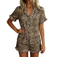 thumbnail image 1 of Trendfront Womens Leopard Cheetah Print 2 Piece Pajama Set Notch Collar Short Sleeve Tie Front Top Elastic Waist Ruffle Hem Shorts Relaxed Sleepwear, 1 of 4