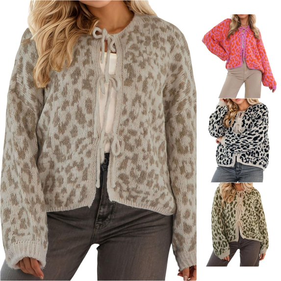 Trendfront Womens Leopard Print Hooded Cardigan Long Sleeve Tie Front Cropped Knit Loose Fit Casual Fall Winter Sweater Top