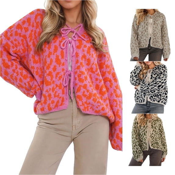 Trendfront Womens Leopard Print Hooded Cardigan Long Sleeve Tie Front Cropped Knit Loose Fit Casual Fall Winter Sweater Top