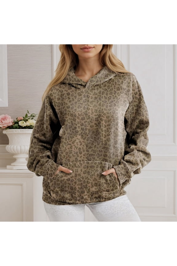 Womens Leopard Print Hoodie Long Sleeve Kangaroo Pocket Animal Pattern Casual Fall Winter Pullover Sweatshirt