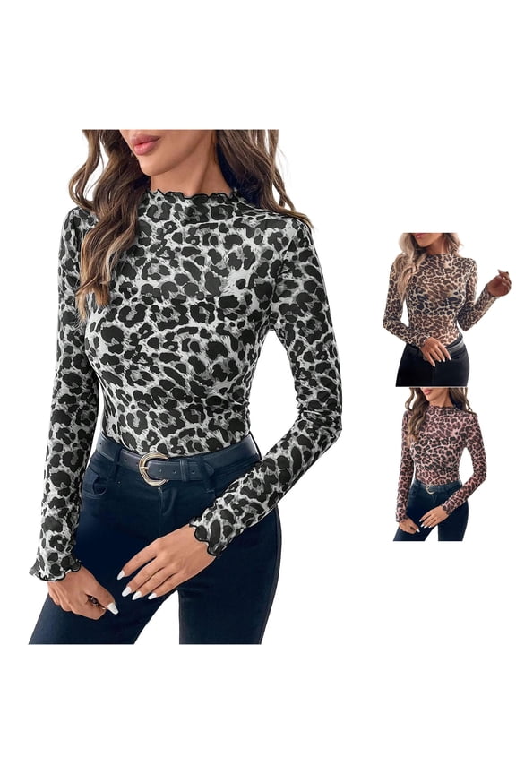 Womens Lettuce Edge Blouses Leopard Print Mesh Neck Long Sleeve Sheer Slim Fit Party Club Night Out Pullover Shirt