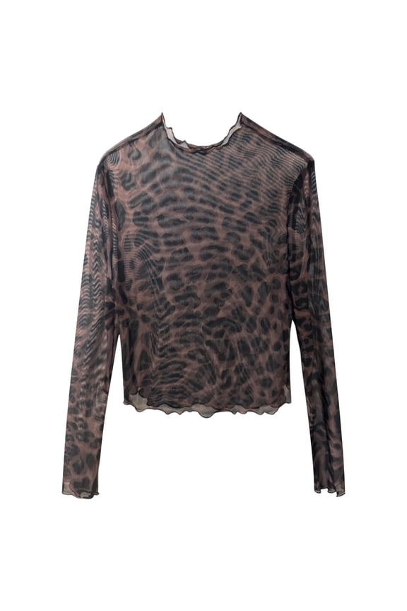 Womens Leopard Print Mesh Crop Top Cheetah Print Design Crewneck Long Sleeve Sheer Fitted Style For Party Night Out And Festival Tee Tops