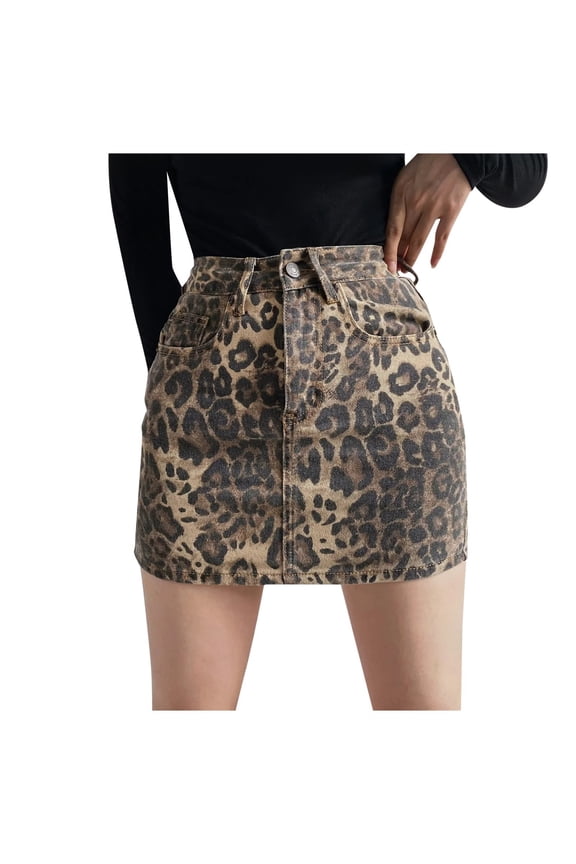 Womens Leopard Print Mini Skirt High Waisted Button Front Cheetah Print Accent Front Pockets Casual Denim Look Skirts